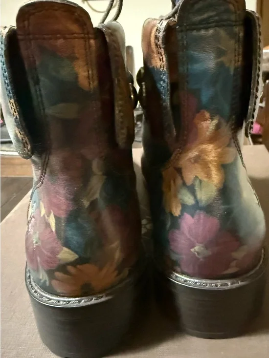 Patricia Nash Floral Leather Lace-Up Ankle Boots in Blue, Brown & Gold Tones - Picture 2 of 10